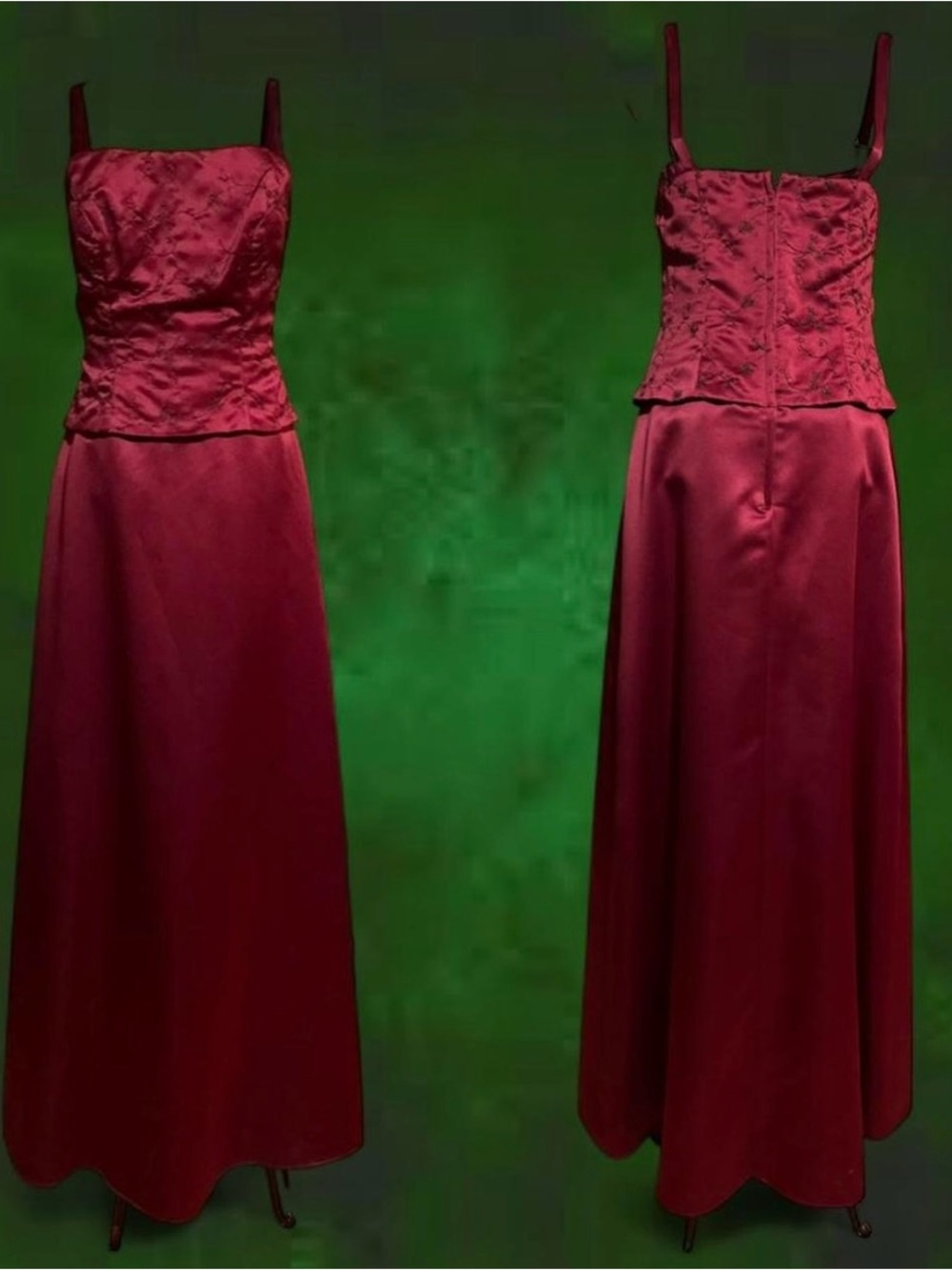 Alfred Angelo Deep Burgundy Satin Maxi Dress with Embroidered Bodice